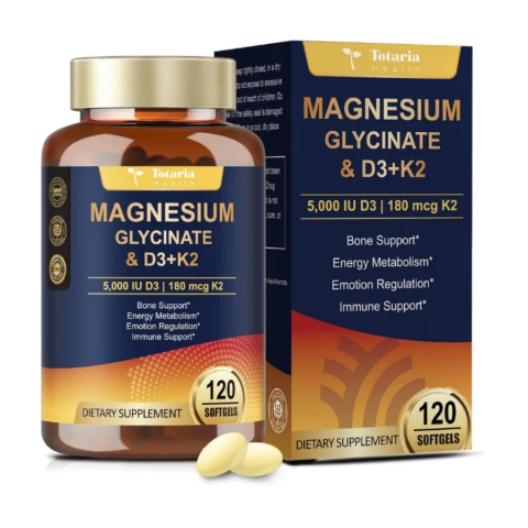 Totaria Health Magnesium Glycinate 500mg + Vitamin D3 5000 IU & K2 Complex 120 Softgels