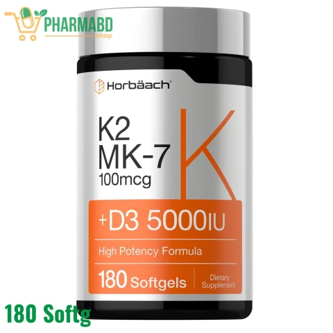 Horbäach Vitamin D3 5000 IU, & K2 MK-7, 100 mcg, 180 Softgel